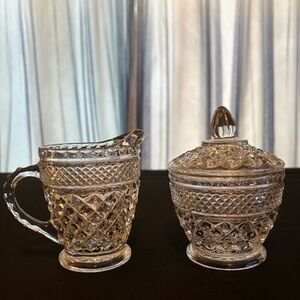 Anchor Hocking Diamond Wexford Pattern Clear Glass Sugar Creamer Set w/Lid VTG